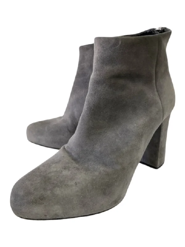 booties with velvet material-  Prada Shoe Size 37.5 Gray Suede Block Heel Almond Toe Zip Back Booties