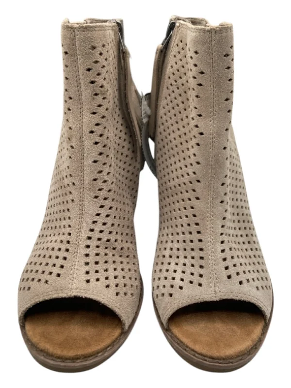 booties for minimalistic style-  Toms Shoe Size 7 Taupe Suede Laser Cut Diamante Peep Toe Booties