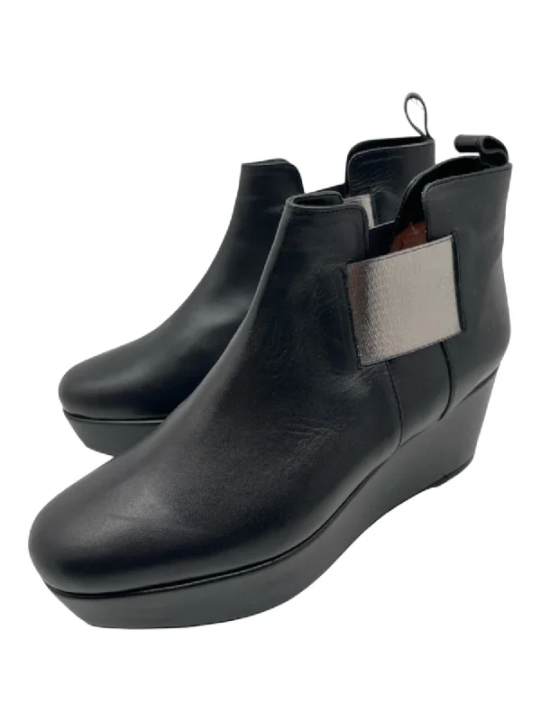 booties for rural lifestyle-  Robert Clergerie Shoe Size 39 Black & Silver Leather Almond Toe Wedge Booties