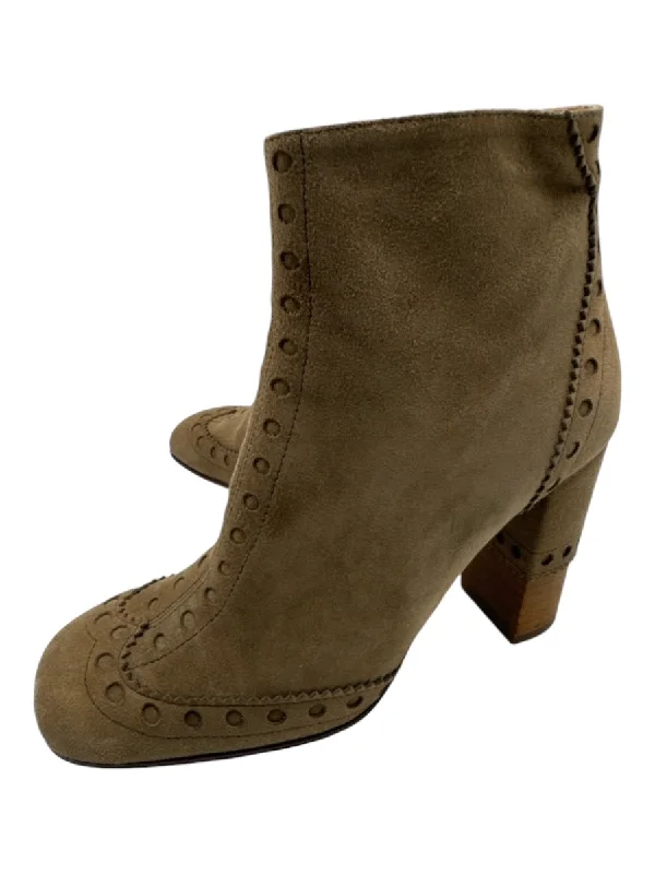 booties for girls-  Chloe Shoe Size 37 Tan Leather Suede Stacked Block Heel Side Zip Brogue Booties