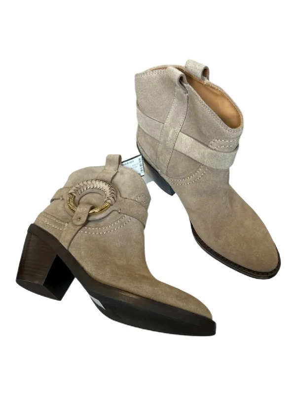 booties with metallic finish-  See By Chloe Shoe Size 37 Taupe Suede Block Heel GHW Cowboy Booties