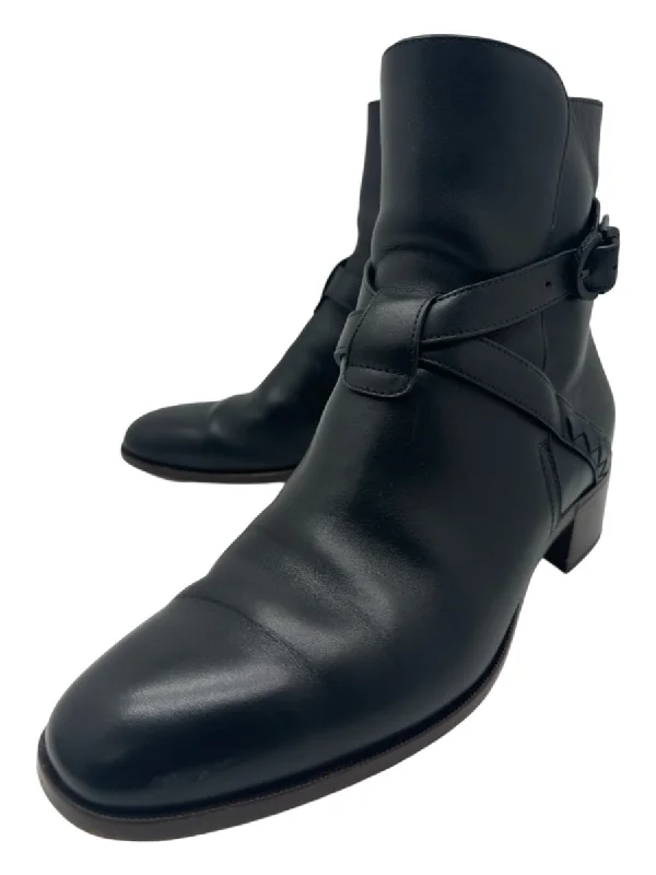 Dark Ankle Boots-Bottega Veneta Shoe Size 39.5 Black Key Ankle Strap Low Block Heel Boots