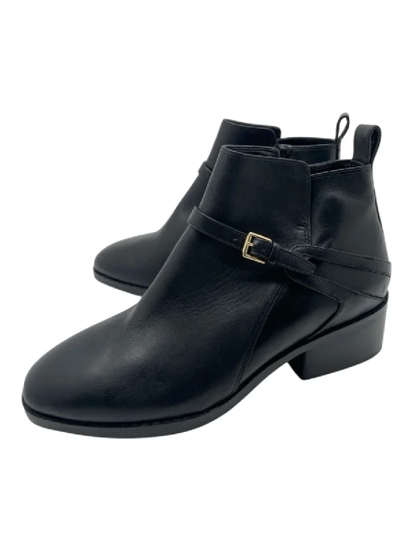 booties for turtleneck outfits-  Cole Haan Shoe Size 7 Black Leather Buckle Detail Side Zip Stacked Heel Booties