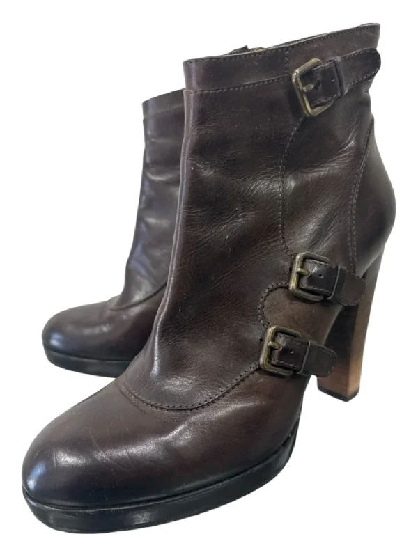 booties with slip-resistant soles-  Derek Lam Shoe Size 40 Dark Brown Leather Stacked Heel Buckle Detail Booties