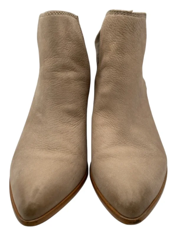 booties for cozy winter outfits-  Frye Shoe Size 9.5 Taupe Pebbled Leather Stacked Wood Heel Pointed Toe Booties