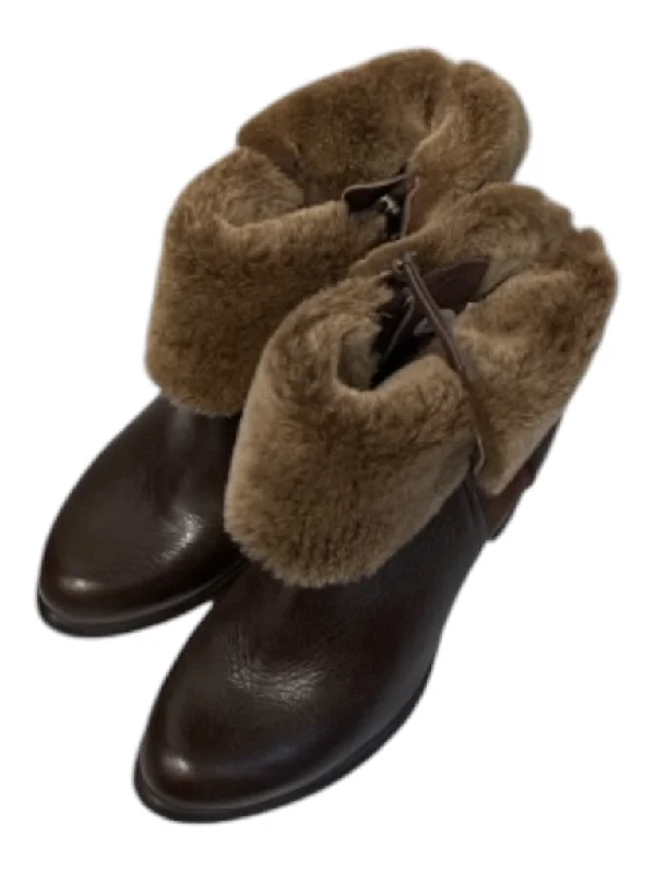 booties with square toe-  Ugg Shoe Size 8 Chocolate Brown Faux Fur Side Zip Fold Over Block Heel Booties