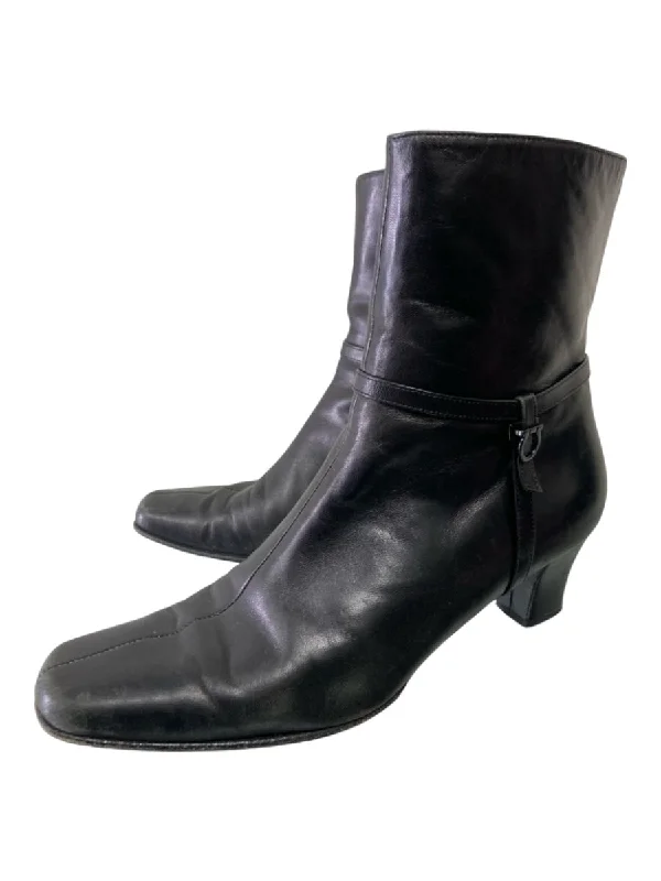 booties for women over 50-  Salvatore Ferragamo Shoe Size 7.5 Black Leather Side Zip Square Toe Logo Booties