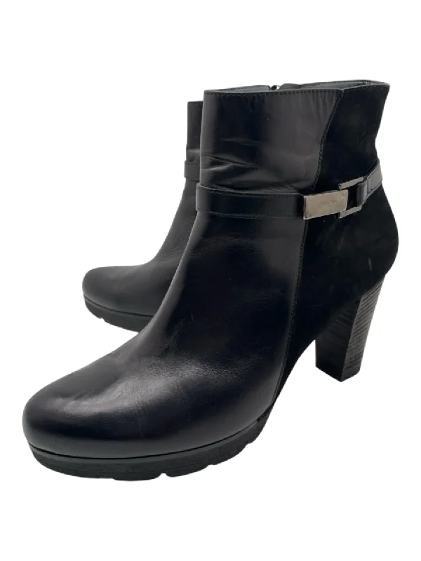 booties for fall cardigans-  Paul Green Shoe Size 7.5 Black Leather & Suede Almond Toe Inner Side Zip Booties