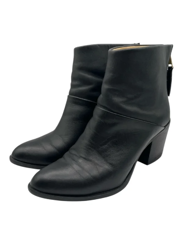 booties for minimalist wardrobes-  Nisolo Shoe Size 7 Black Leather Pointed Toe Back Zip Stacked Block Heel Booties