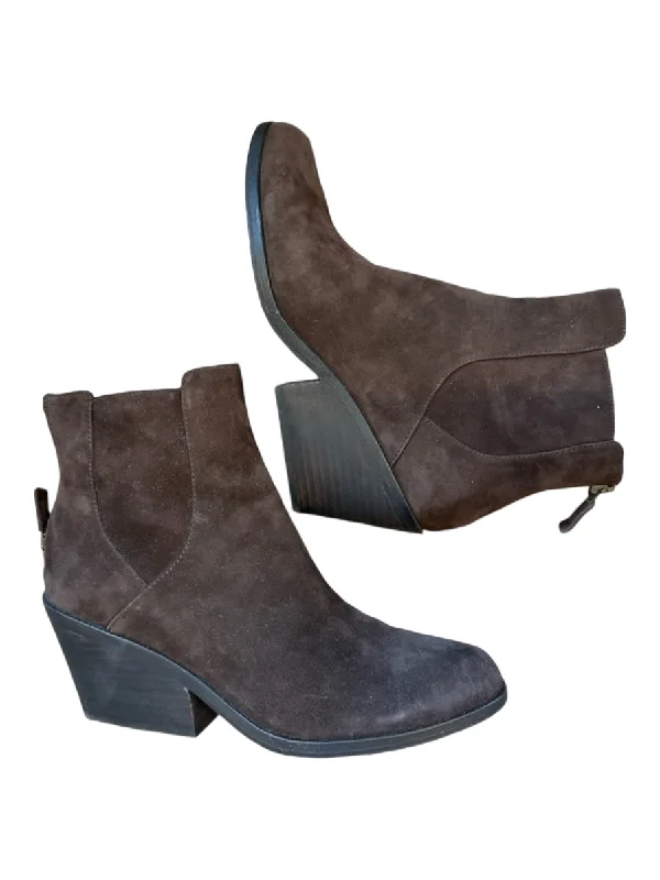 booties with buckles-  Eileen Fisher Shoe Size 6 Chocolate Brown Suede Block Heel Back Zip Booties