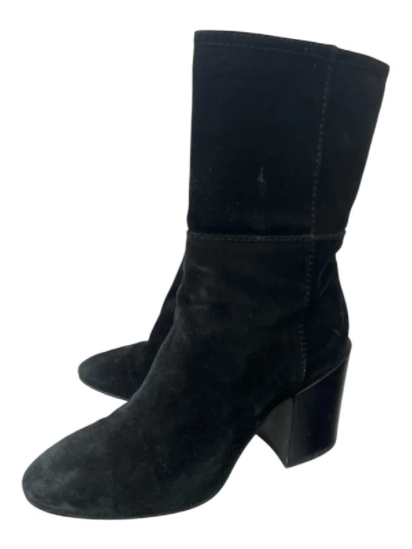 booties for capsule wardrobes-  Aquatalia Shoe Size 7.5 Black Leather Suede Almond Toe Block Heel Zip Booties