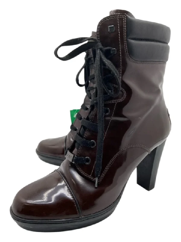 booties for monochrome outfits-  Tods Shoe Size 41 Brown & Black Patent Leather Laces Block Heel Platform Booties