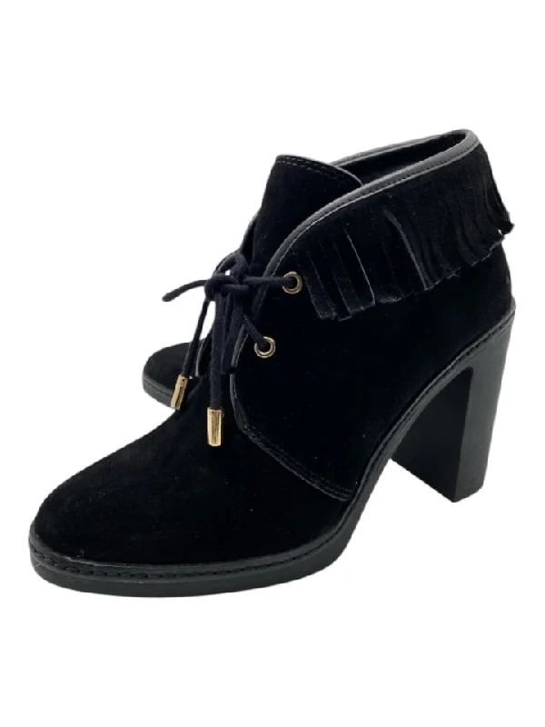 booties for muddy conditions-  Tory Burch Shoe Size 8 Black Suede Fringe Laces Almond Toe Block heel Booties