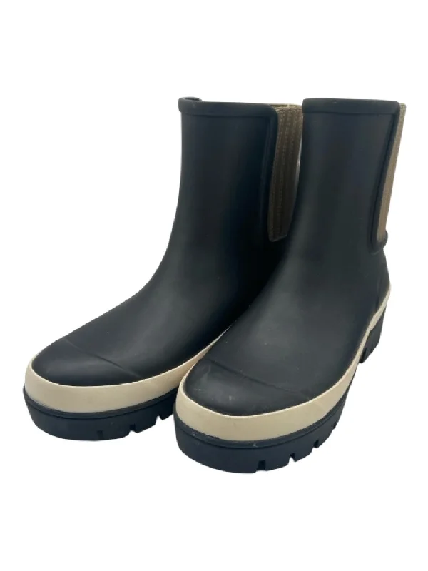 booties for biking-  Tory Burch Shoe Size 8 Black, White, Taupe Rubber Calf High Chelsea Booties