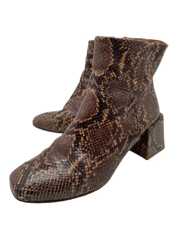 booties with patent leather-  LOQ Shoe Size 39 Tan & black Leather Side Zip Block Heel Snake Print Booties