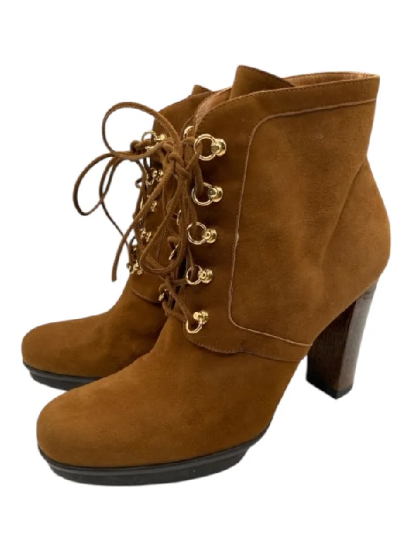 booties for work-  Gianvito Rossi Shoe Size 38.5 Brown Suede Block Heel Laces Round Toe Booties