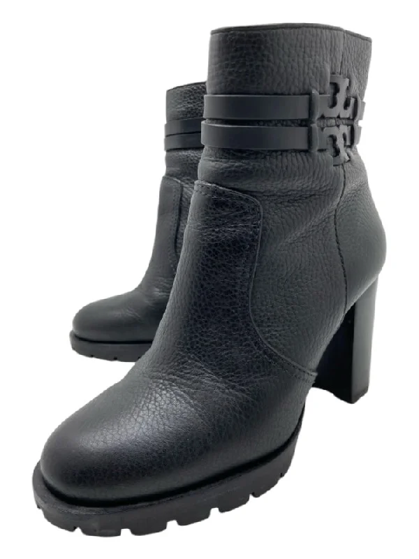 booties for hospitality industry-  Tory Burch Shoe Size 6 Black pebbled Inner Side Zip Lug sole Booties