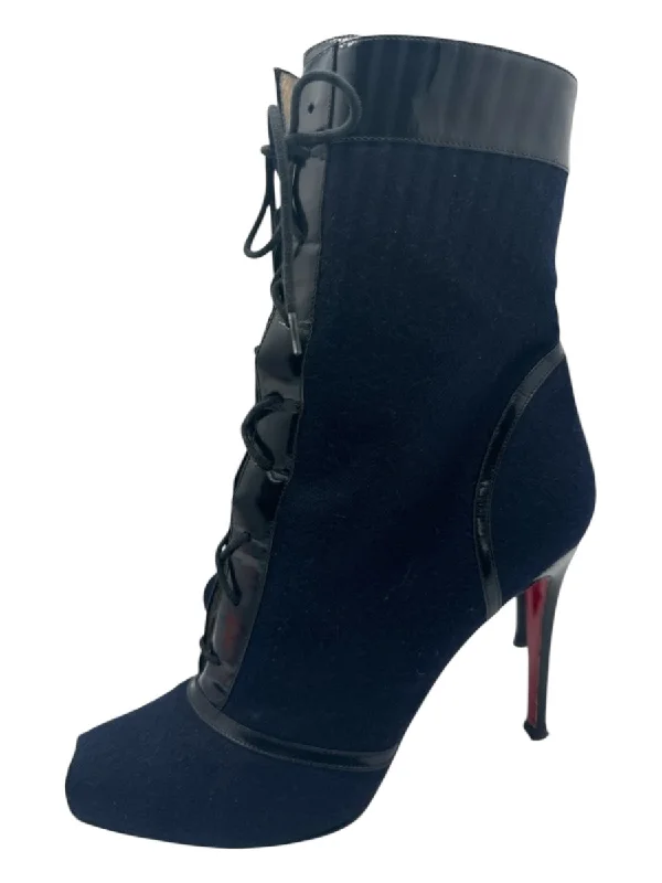 Christian Louboutin Shoe Size 42 Navy & Black Wool & Patent Calf High Booties