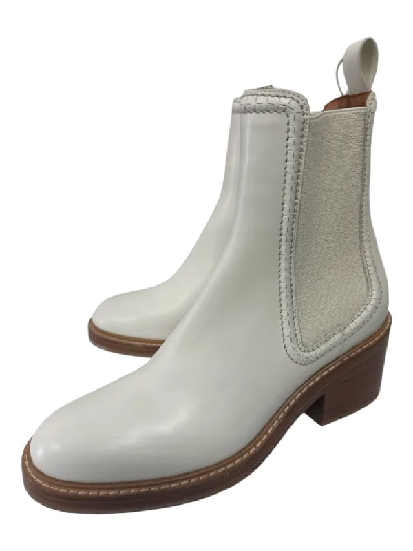 booties for formal dresses-  Chloe Shoe Size 39.5 Cream & Brown Leather Stacked Block Heel Chelsea Booties