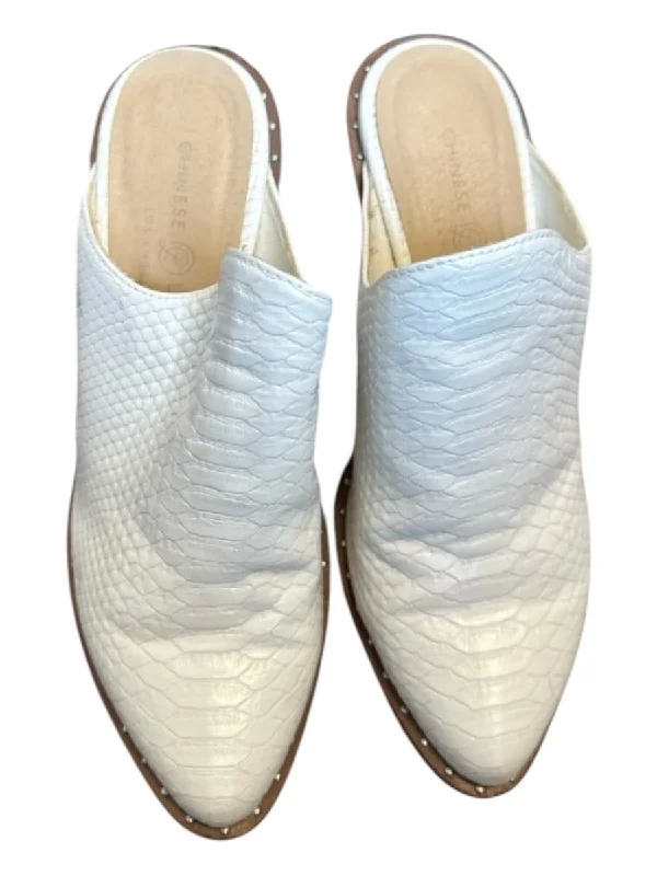 booties with buckles-  Chinese Laundry Shoe Size 7 white & tan Leather Snake Embossed Booties