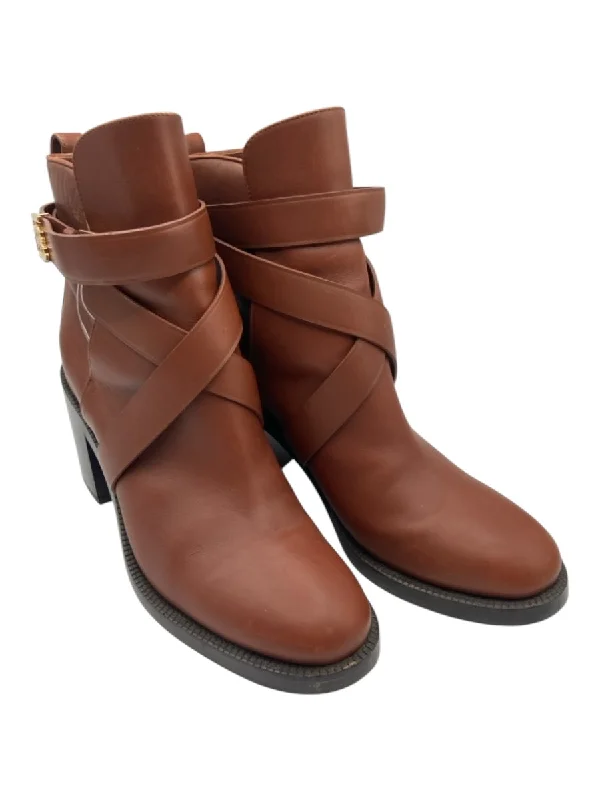 booties with warm lining-  Burberry Shoe Size 37.5 Brown Leather Almond Toe Stacked Block Heel Booties