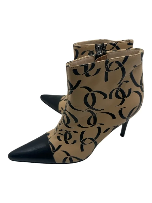 booties for punk rock fashion-  Chanel Shoe Size 37.5 Beige & Black Leather Pointed Toe Logo Print Booties