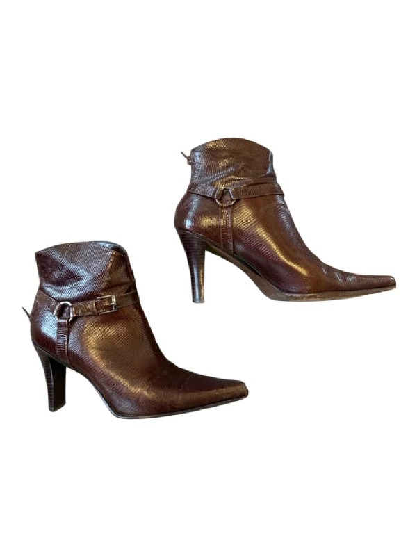 booties for vegan leather-  Antonio Melani Shoe Size 8.5 Brown Leather Croc Embossed Stiletto Booties