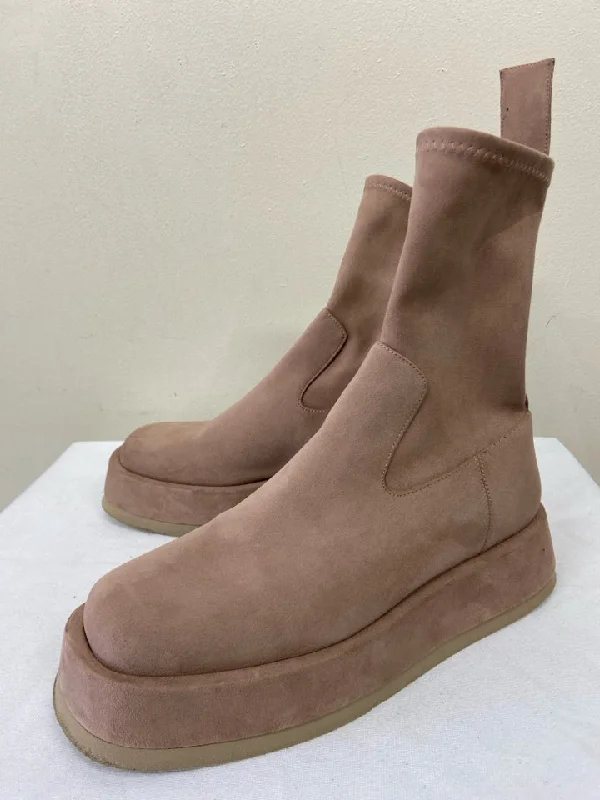 booties for women over 50-  GIA/RHW Shoe Size 37.5 Blush Beige Suede Sock Boot Chunky Square Toe Booties