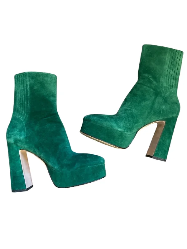 booties with glossy finish-  Lolacruz Shoe Size 37 Green Suede Platform Block Heel Back Zip Booties