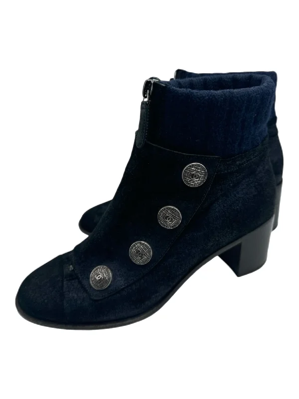 booties for thick ankles-  Chanel Shoe Size 38 Navy Suede round toe Ankle Silver Buckle Front Zip Booties