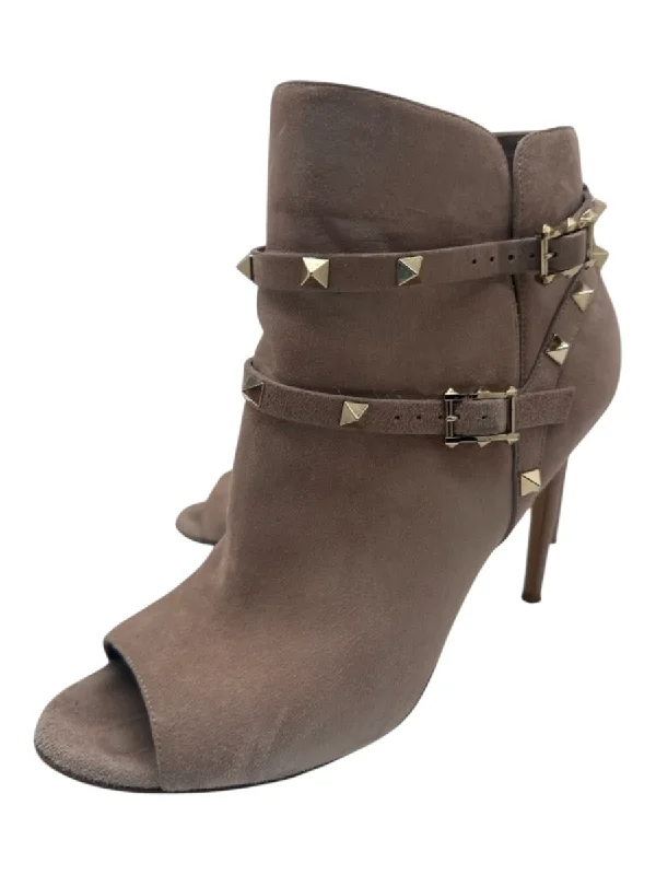 booties for casual winter fashion-  Valentino Shoe Size 39 Beige Suede Rockstud Peep Toe Ankle Strap Heel Booties