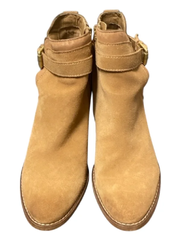 booties for countryside trips-  Sam Edelman Shoe Size 8 Beige Suede & Leather Gold hardware Zip Up Booties