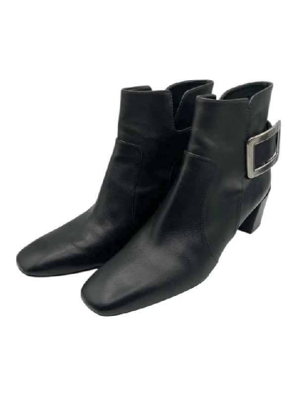 booties for maxi dresses-  Roger Vivier Shoe Size 38.5 Black Leather Ankle Buckle Midi Block Heel Booties