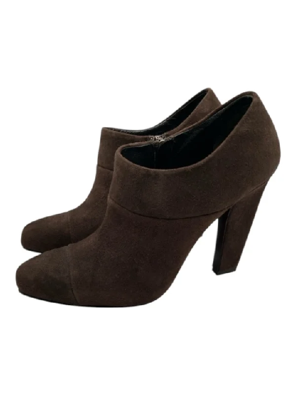 booties with non-slip sole-  Prada Shoe Size 38 Brown Suede Block Heel Inner Side Zip Almond Toe Booties