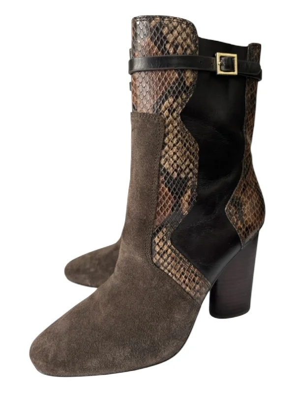 booties for trench coat looks-  Tory Burch Shoe Size 6.5 Brown Print Leather Suede Snake Embossed Booties