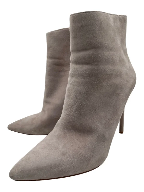 booties for beach trips-  Alice + Olivia Shoe Size 8 Taupe Leather Suede Pointed Toe Side Zip Booties