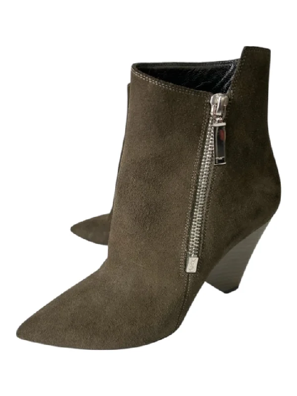 booties with embroidery-  Saint Laurent Shoe Size 35 Olive Green Suede Pointed Toe Outer Side Zip Booties