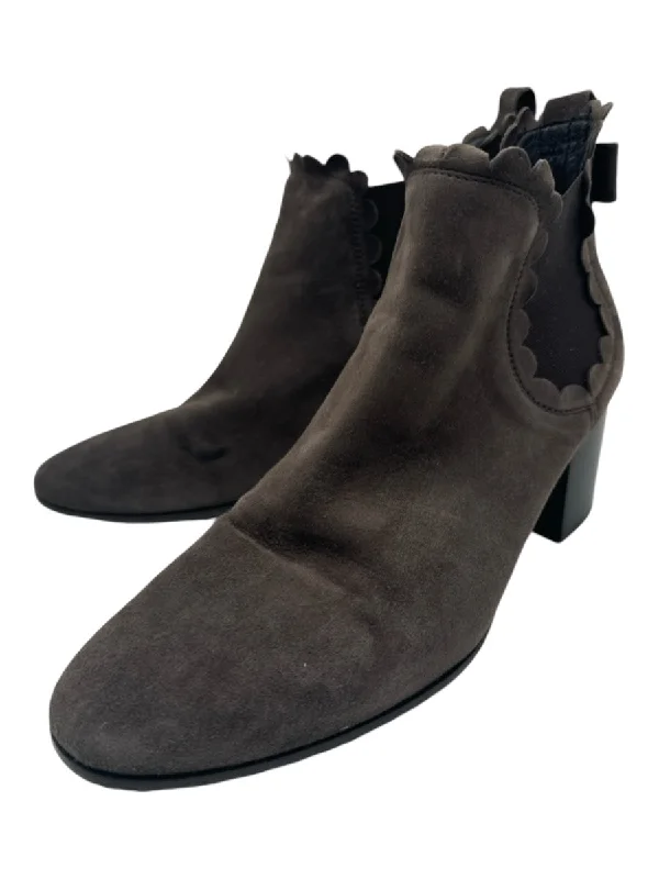 booties with metallic finish-  Kate Spade Shoe Size 9 Taupe Brown Suede Scallop Detail Bow Block Heel Booties