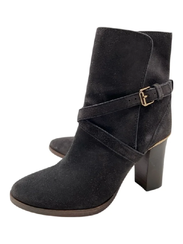 booties for farm work-  Tory Burch Shoe Size 8 Dark Gray Suede Buckle Stacked Heel Almond Toe Booties