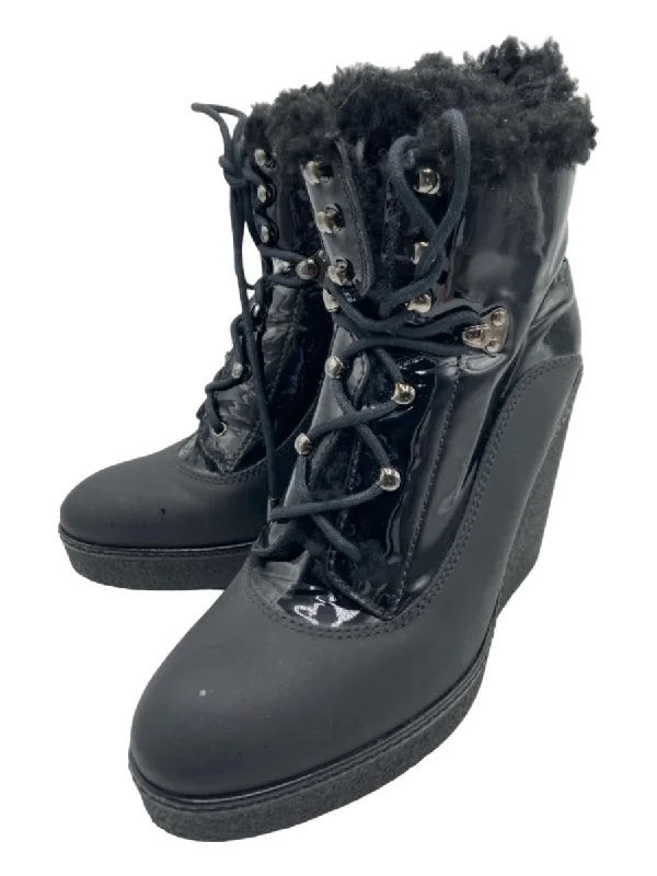 booties for minimalistic style-  Moncler Shoe Size 39 Black Patent Fur lined lace up Wedge Side Zip Booties