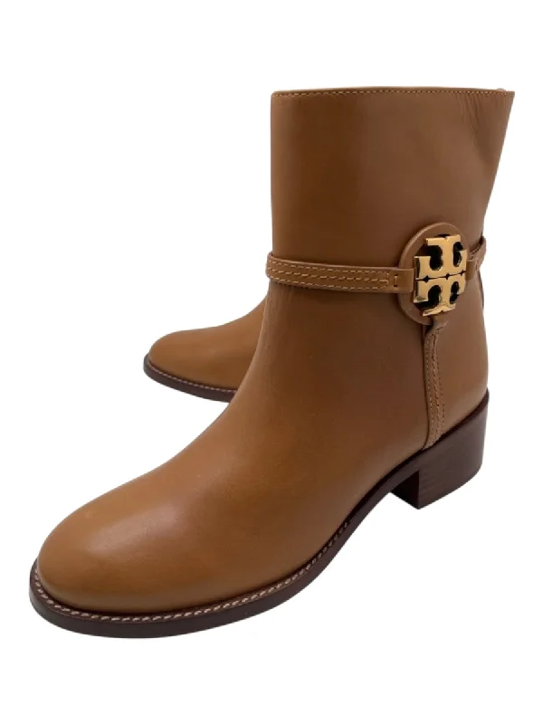 booties for high-waisted jeans-  Tory Burch Shoe Size 9.5 Tan Brown Leather Almond Toe Calf High Booties