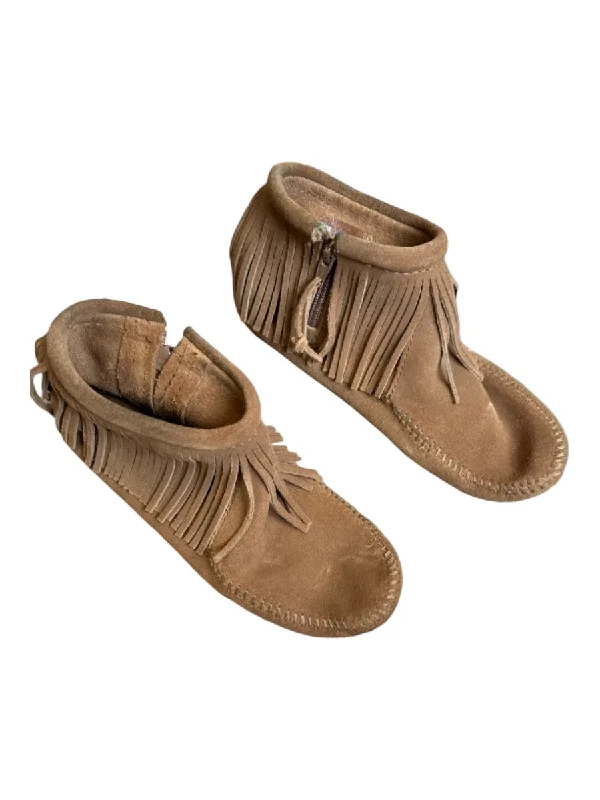 booties with platform heel-  Minnetonka Shoe Size 6 Brown Suede Fringe Side Zip Booties