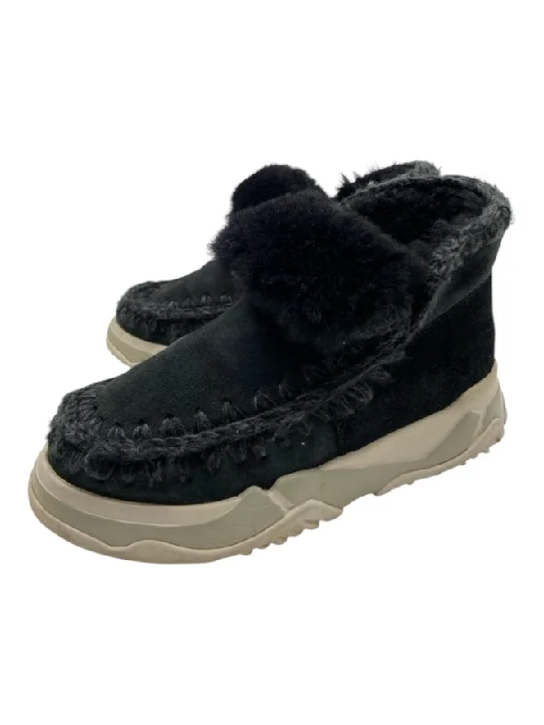 booties for cozy winter outfits-  Mou Shoe Size 38 Black & White Suede & Shearling Whipstitching Sneaker Booties