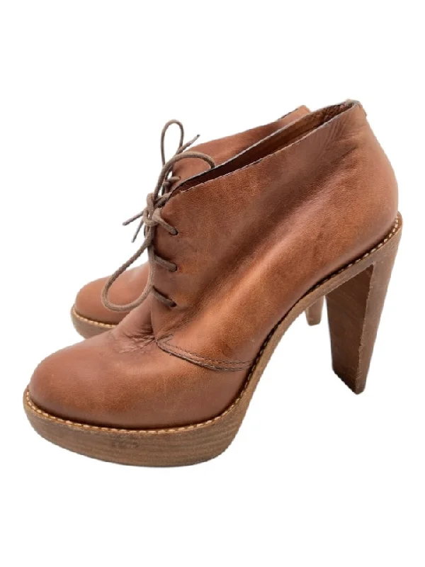 booties for music events-  Cole Haan Shoe Size 7 Brown Leather Laces Stacked Heel Pump Ankle Boot Booties