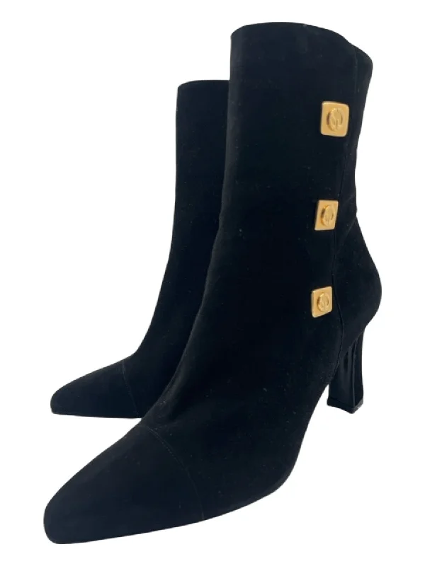 booties with studded details-  St John Shoe Size 6 Black Suede Pointed Toe Gold Hardware Inner Side Zip Booties