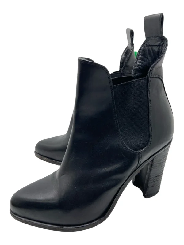 booties for road trips-  Rag & Bone Shoe Size 38 Black Leather Almond Toe Stacked Block Heel Booties