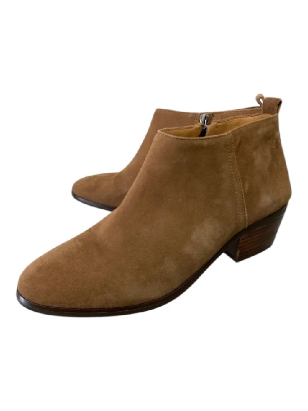 booties for comfortable outfits-  J Crew Shoe Size 9 Tan Brown Suede Almond Toe Inner Side Zip Ankle Booties