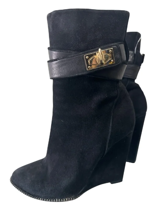 booties for stylish moms-  Givenchy Shoe Size 6 Black Leather Suede Ankle Wrap Goldtone Hardware Booties