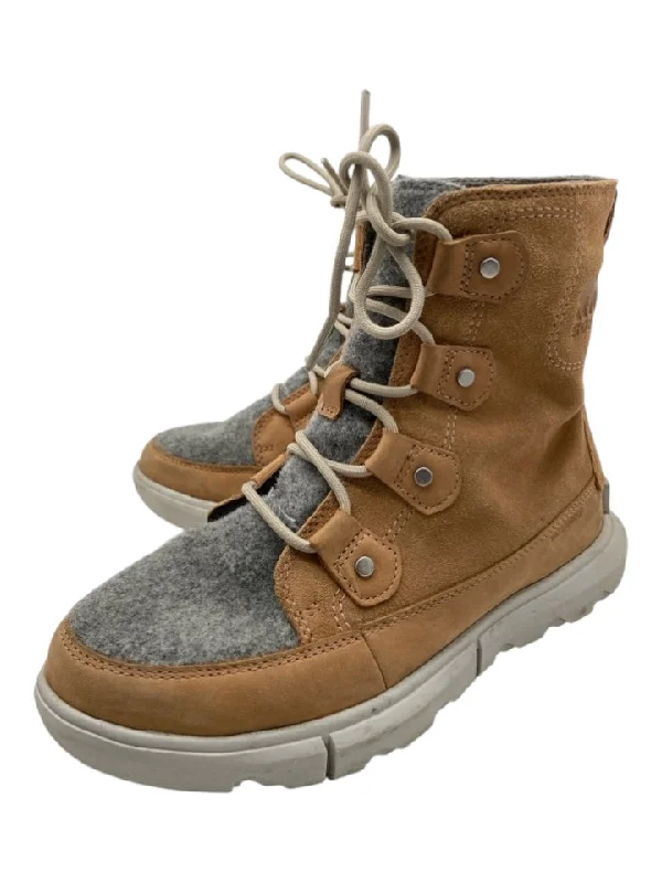 booties for airport travel-  Sorel Shoe Size 7 Brown & Gray Wool Blend Calf High Laces Waterproof Booties