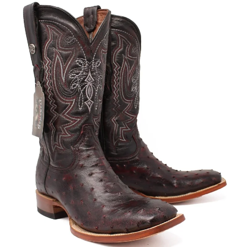 Tanner Mark Men's Genuine Full Quill Ostrich Square Toe Boots Black Cherry TMX203300